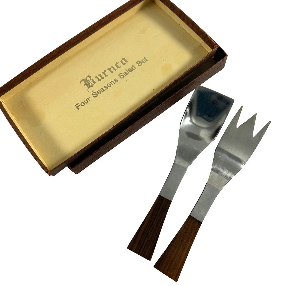Vintage MCM Burnco Four Seasons Salad Set Stainless Steel Wood Handle Japan